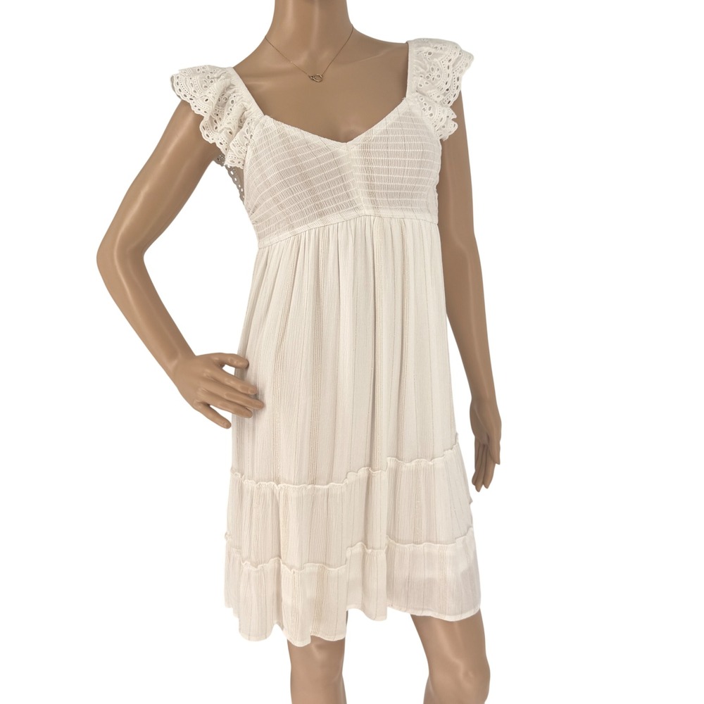 White w/ Metallic Thread Smocked Eyelet Ruffle Sleeve Tiered Mini Dress Small